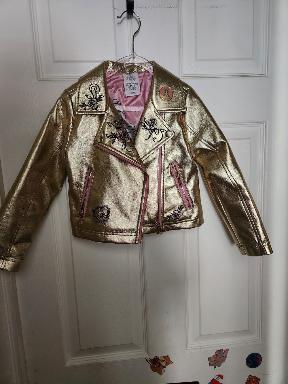 Disney Girls' Metallic Gold Moto Jacket with Pink Trim
